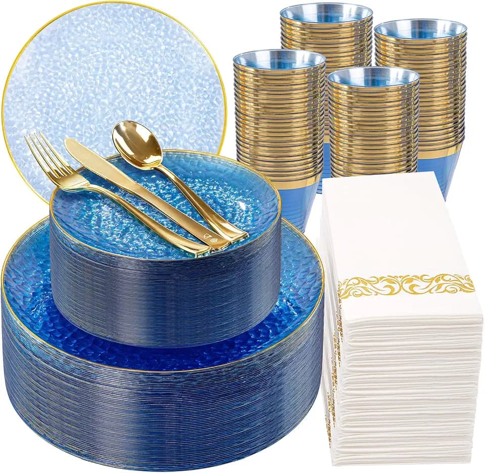 Rubtlamp 350 Pcs Clear Blue Plastic Plates, Blue Gold Plastic Dinnerware Set (50 Guests), Blue Disposable Plates With Gold Rim, Hammered Party Plates Set for Wedding And Party