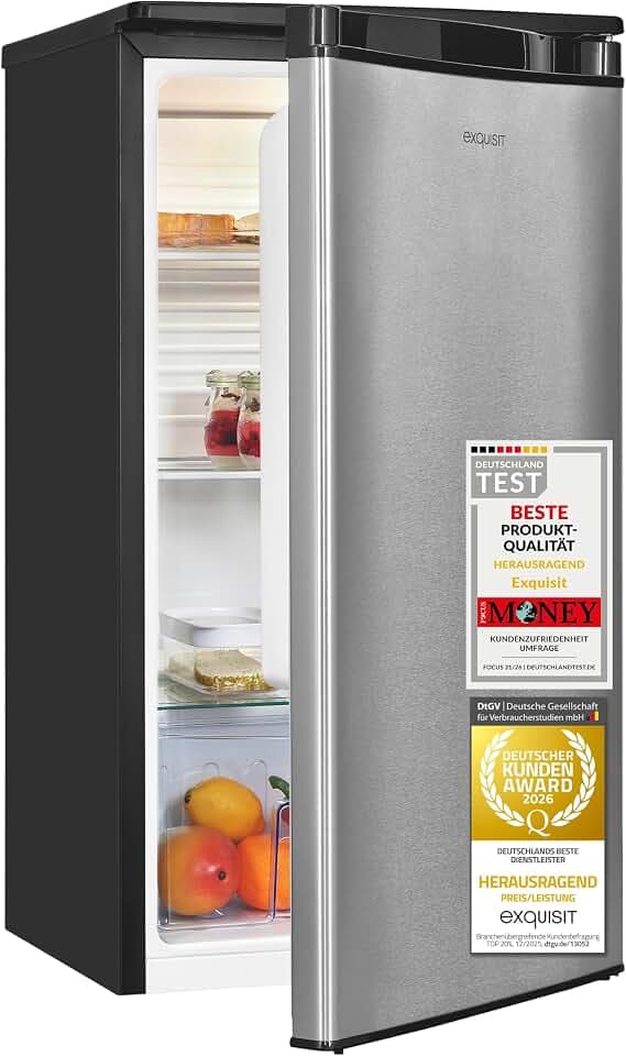 Exquisit Vollraumkühlschrank KS585-V-090E inoxlook | Nutzinhalt: 75 L | LED-Beleuchtung | Glasablagen | Ohne Gefrierfach