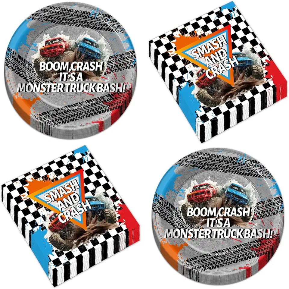 CHUNNIN 50Pcs Monster Truck Party Paper Plates and Napkins Party Decor