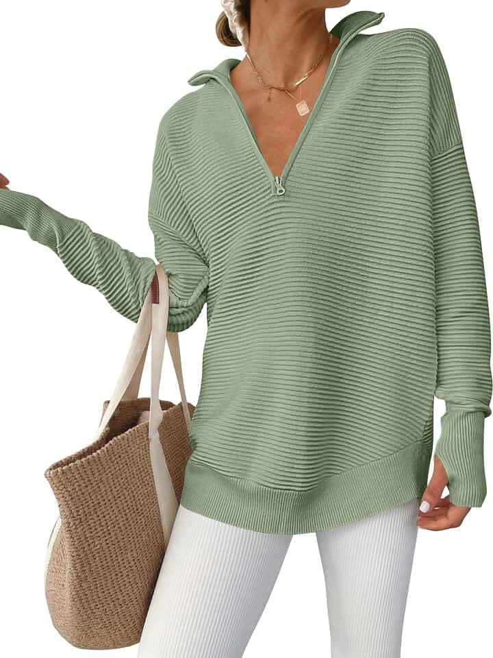 ANRABESS Women Long Sleeve V Neck Fall Sweater Quarter Zip Pullover