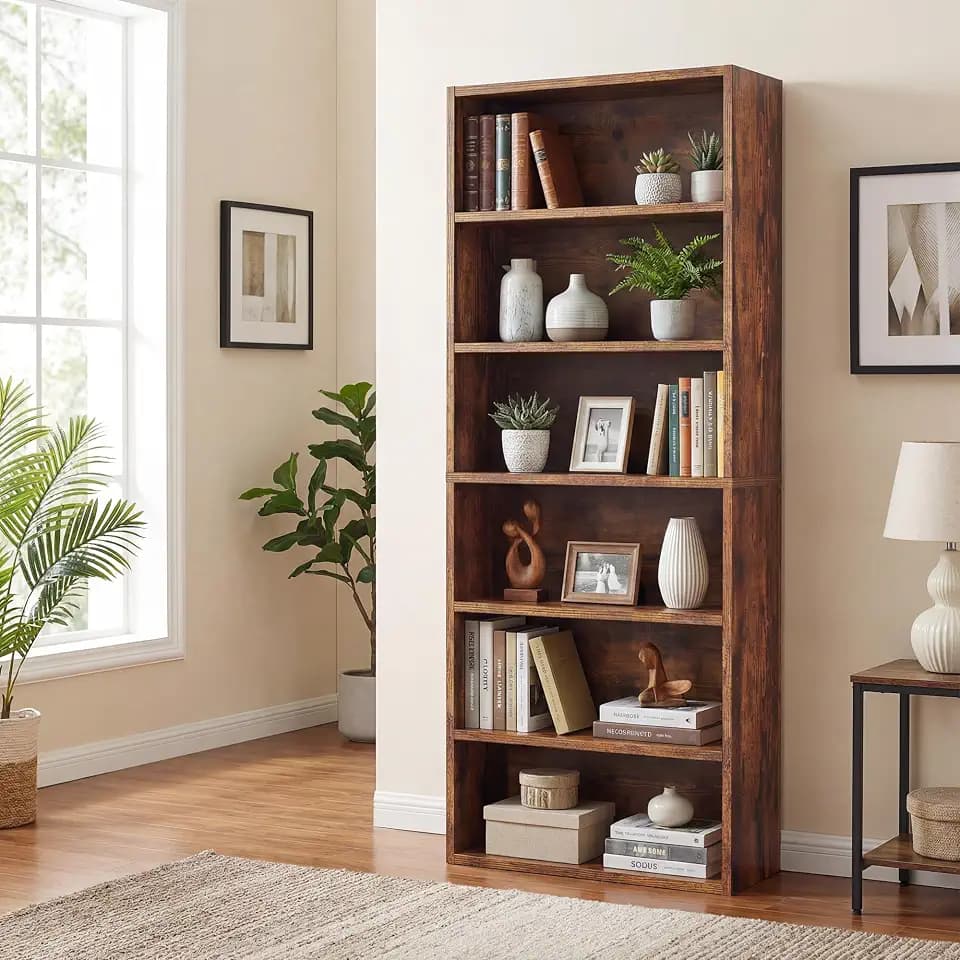 Tall Bookshelf with Adjustable Shelf, 6 Tier Storage Shelves, Rustic Brown