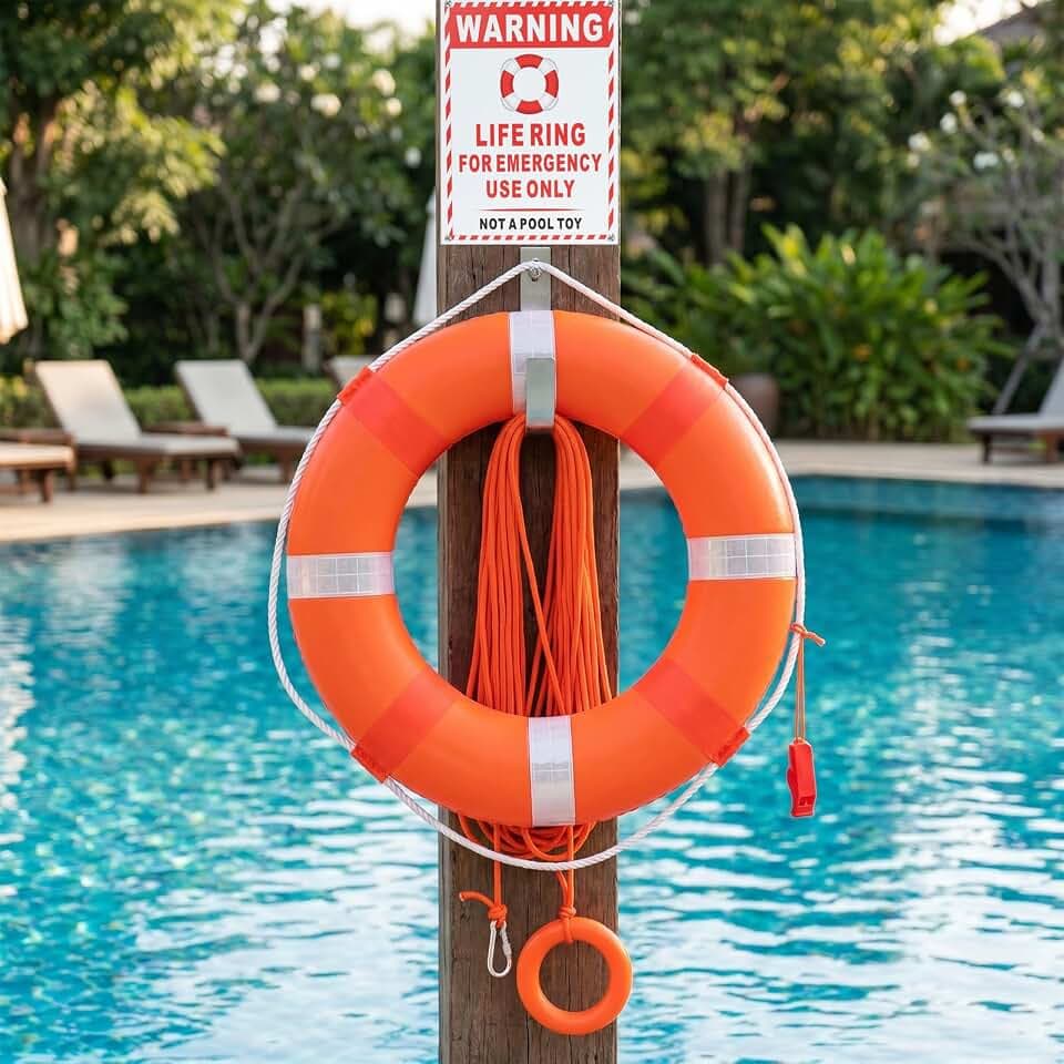 20" Foam Floating Ring Kit with 100FT Rope, Wall Bracket, Sign & Whistle