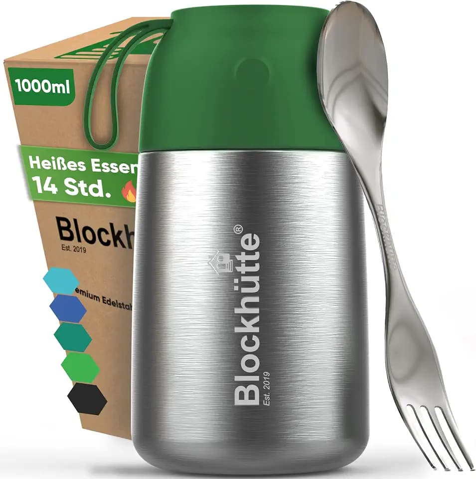 Blockhütte Edelstahl Thermobehälter I 1L l Essen warmhalten Behälter, auslaufsicher I Thermos Essensbehälter mit Göffel für Kinder und Erwachsene - Wärmebehälter für Speisen - Dunkelgrün