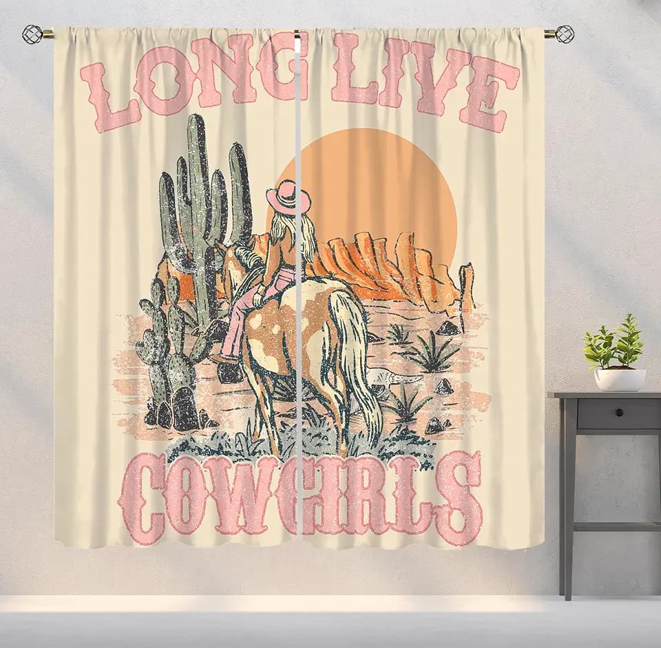 Retro Western Cowgirl Curtains Country Farmhouse Howdy Horses Deserts Cactus Rod Pocket Blackout Window Drapes for Bedroom Living Room Kitchen Cafe Decor W21xL44inx2 Decor