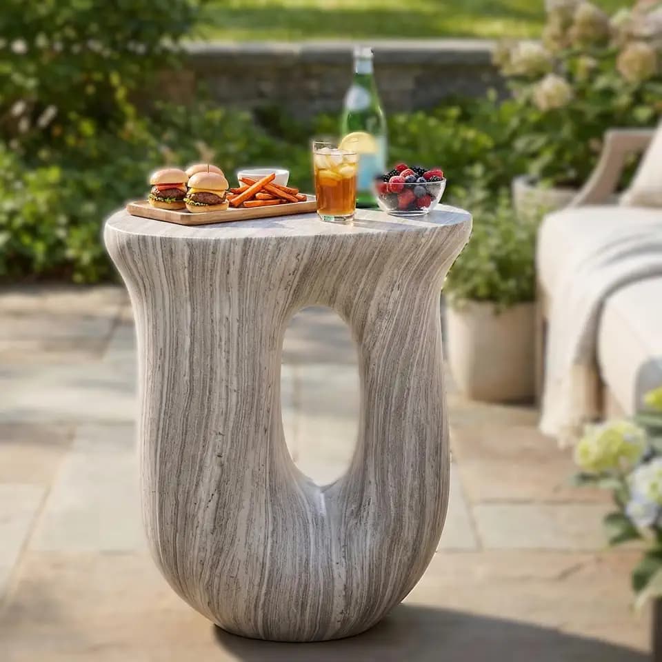 Christopher Knight Home 18.9 Inch Modern U Shaped Accent Table, Sculptural MGO Stone Look Side Table for Indoor Outdoor Garden Balcony Living Room Entryway Bedroom, Grey Marble Look