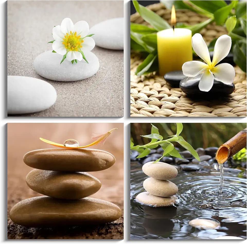 NAN Wind Zen Canvas Wall Art Spa Still Life with Green Bamboo Fountain and Zen Stone Jasmine Flower Painting Pictures for Home Decoration Modern Painting Wall Decor Canvas (14X14inchX4pcs, a zen)