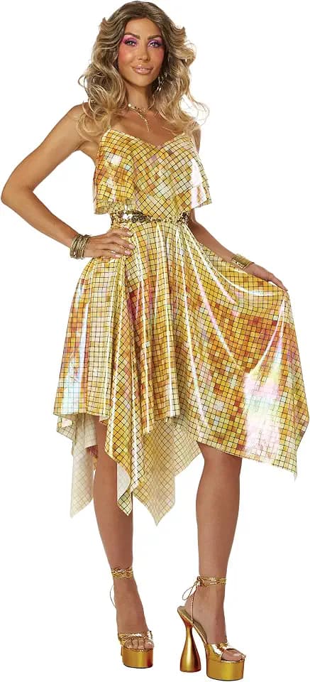 Calico, 70's Disco Costume Dress - Gold Mirrorball, Womens