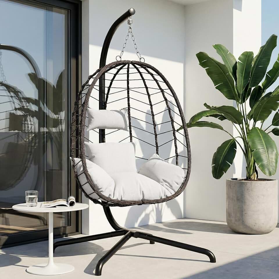 Hanging Egg Chair with Stand, Swinging Egg Chair Outdoor Indoor, Hanging Basket Chair with Cushion, Patio Wicker Hammock Chair 350lbs Capacity (Brown-Gery)