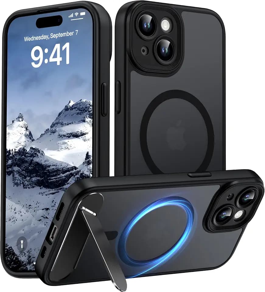 Magnetic Case for iPhone 15 with Stand and Camera Protection