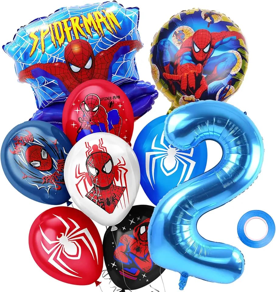 9 Pcs Spider Theme Anime Happy Birthday Decorations, Includes 2 Year Foil Balloons, Perfect for Birthday Parties, Themed Parties, Suitable for Indoor and Outdoor Celebrations