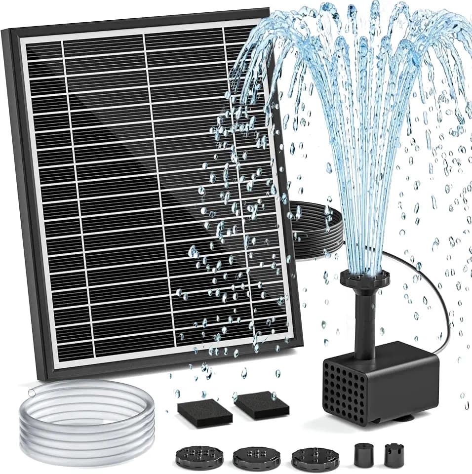 Solar Fountain Pump for Bird Bath, 5.5W Solar Pond Pump with 9.8ft Power Cord, 5 Spray Modes & 4ft Hose, Dry-Run Protection Solar Water Pump for Small Pond Fish Tank Garden Water Features