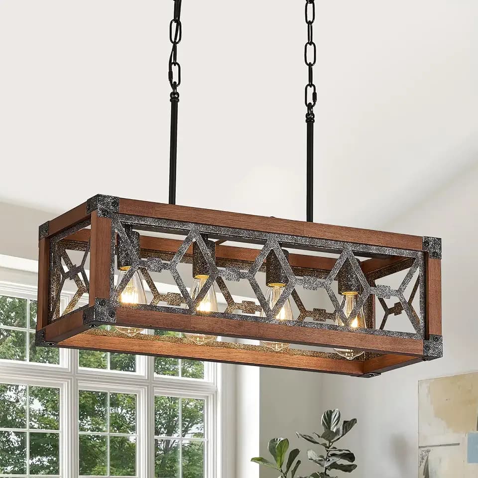 Benkut Farmhouse Kitchen Island Lighting 4-Light Wood Rectangle Chandelier
