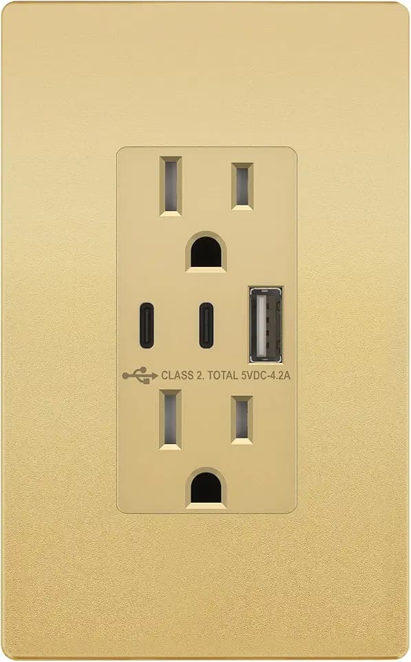 TOPGREENER 4.2A 3-Port Type C USB Outlet, 15 Amp Receptacle, Gold