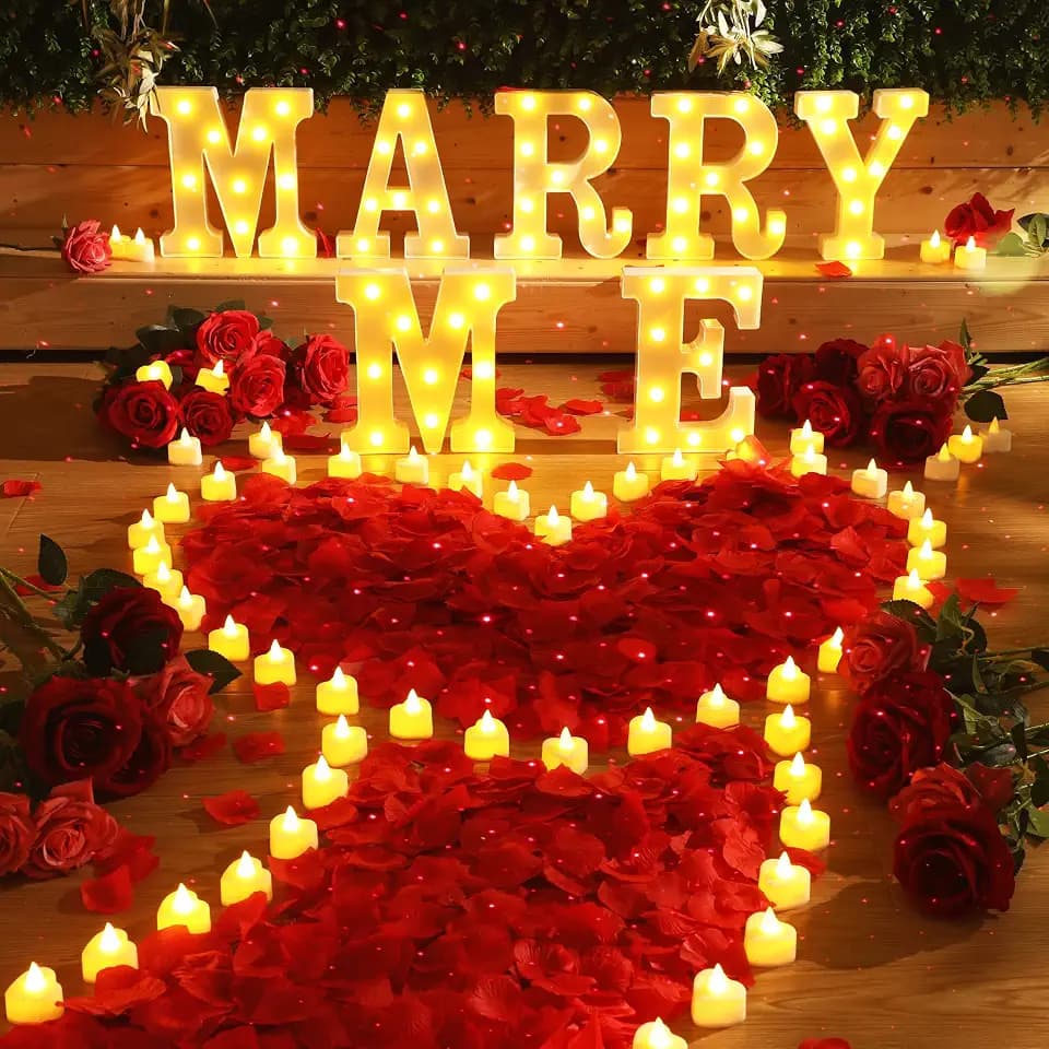 Marry Me Lighted up Letters with 72 Tea Lights Proposal Decoration Kit