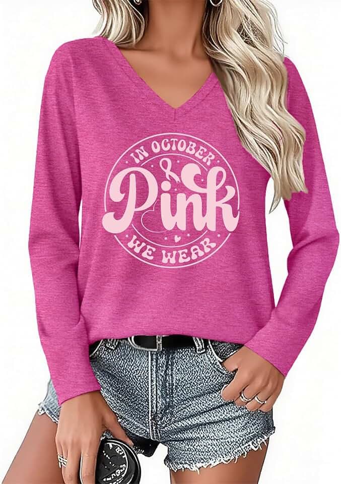 Breast Cancer Shirts for Women Pink Ribbon Long Sleeve Breast Cancer Awareness T-Shirt Cancer Survivor V-Neck Tops