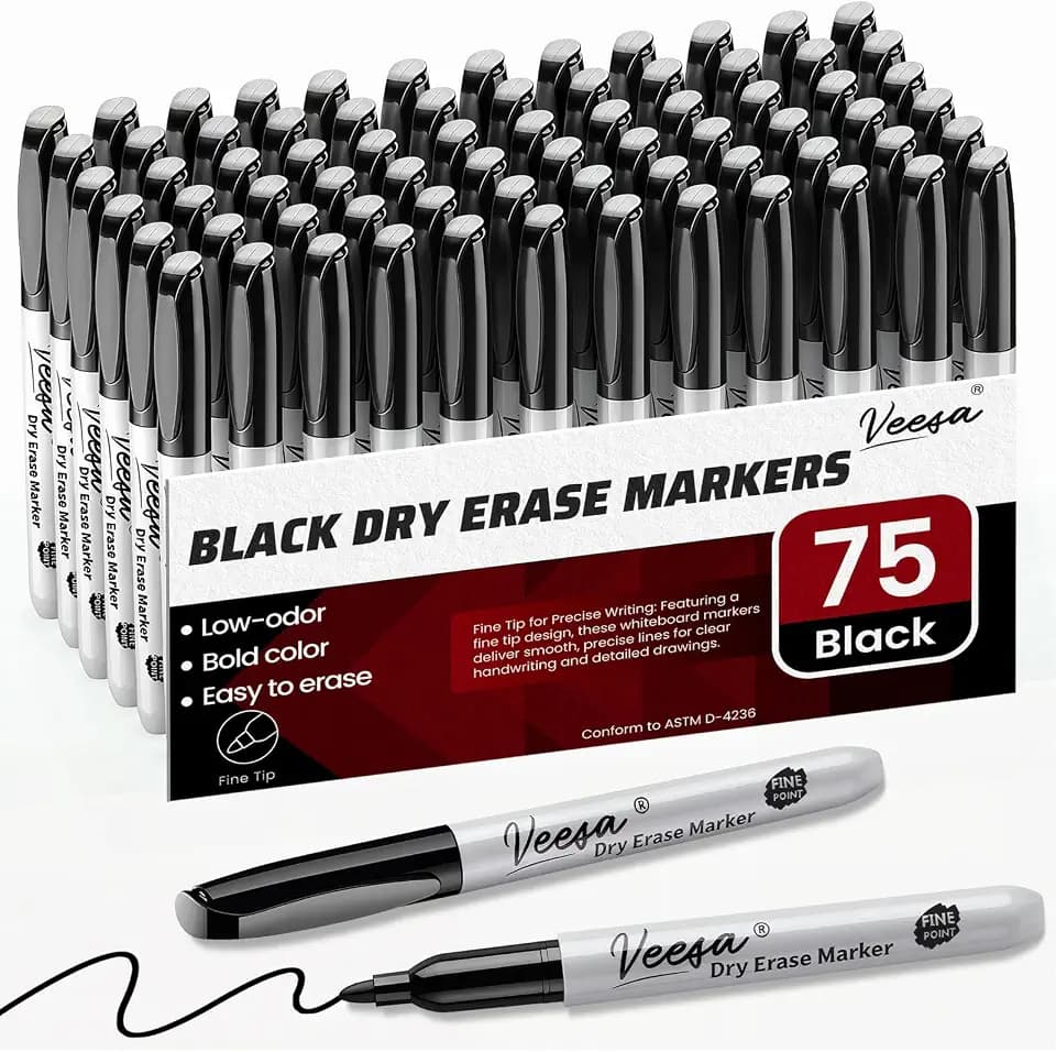 VEESA Dry Erase Markers Fine Tip, 75 Count, Low-Odor, Bold Black