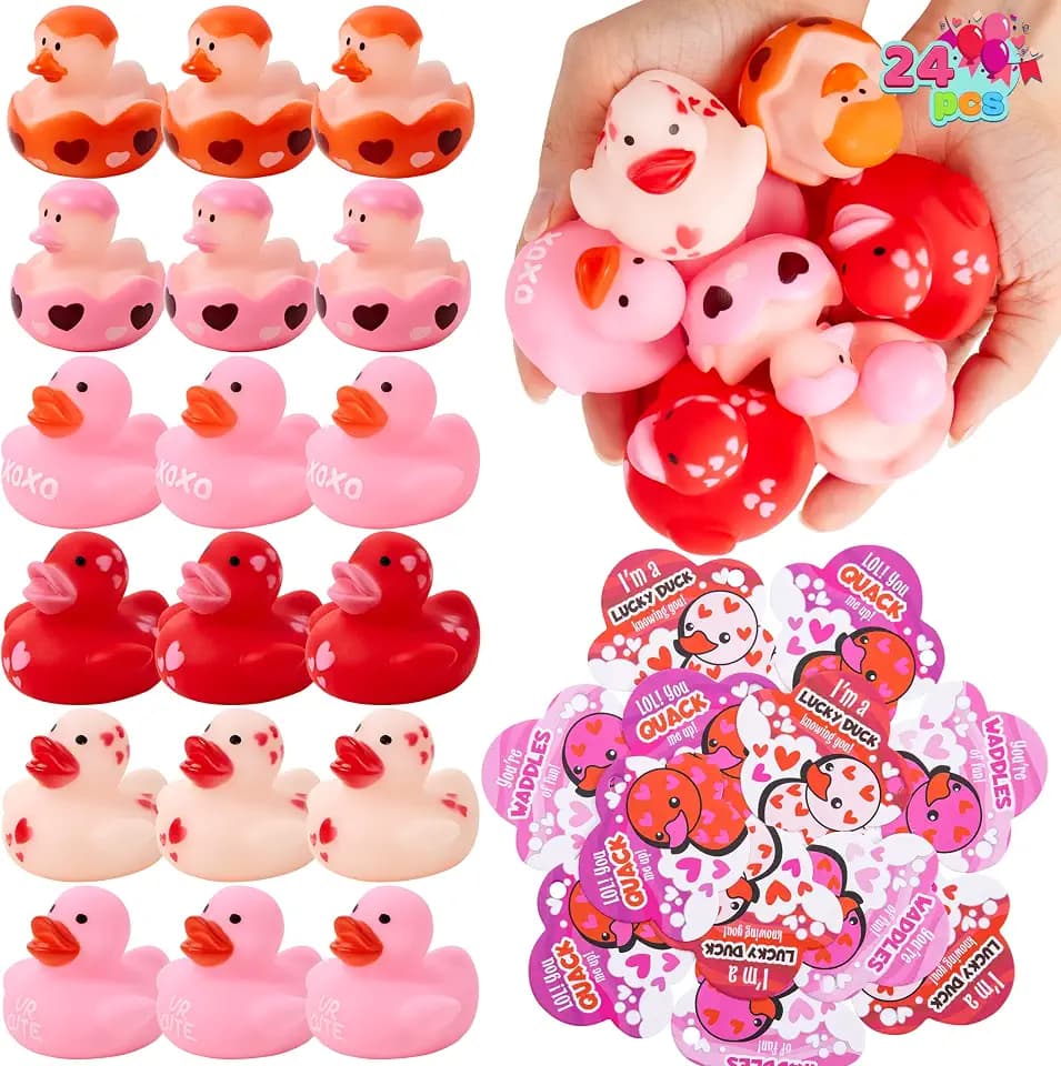 JOYIN 24 Pcs Valentine’s Day Gift Cards with Rubber Duck for Kids,Mini Rubber Duck Bath Toys for Classroom Exchange Prizes, Valentine Party Favors Toys