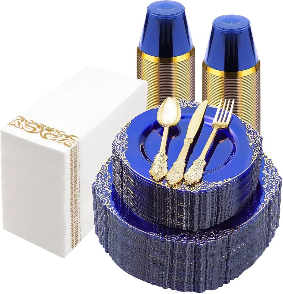 Bestluck 350PCS Clear Blue Plastic Plates for 50 Guests
