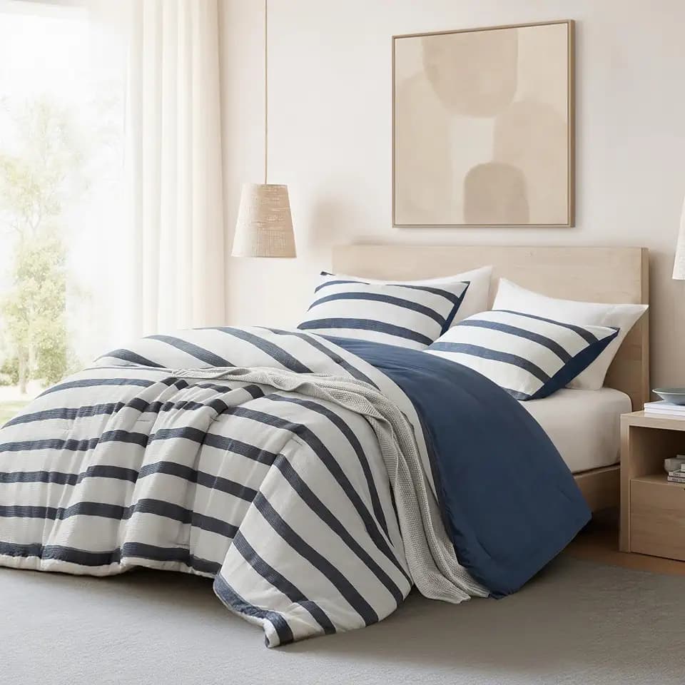 Madison Park Essentials Striped Comforter Set Queen Size, Yarn-Dyed Reversible Comforter with Minimalist Stripes, Crinkled Texture Bedding Set for All-Season Lightweight Warmth, Merritt Blue