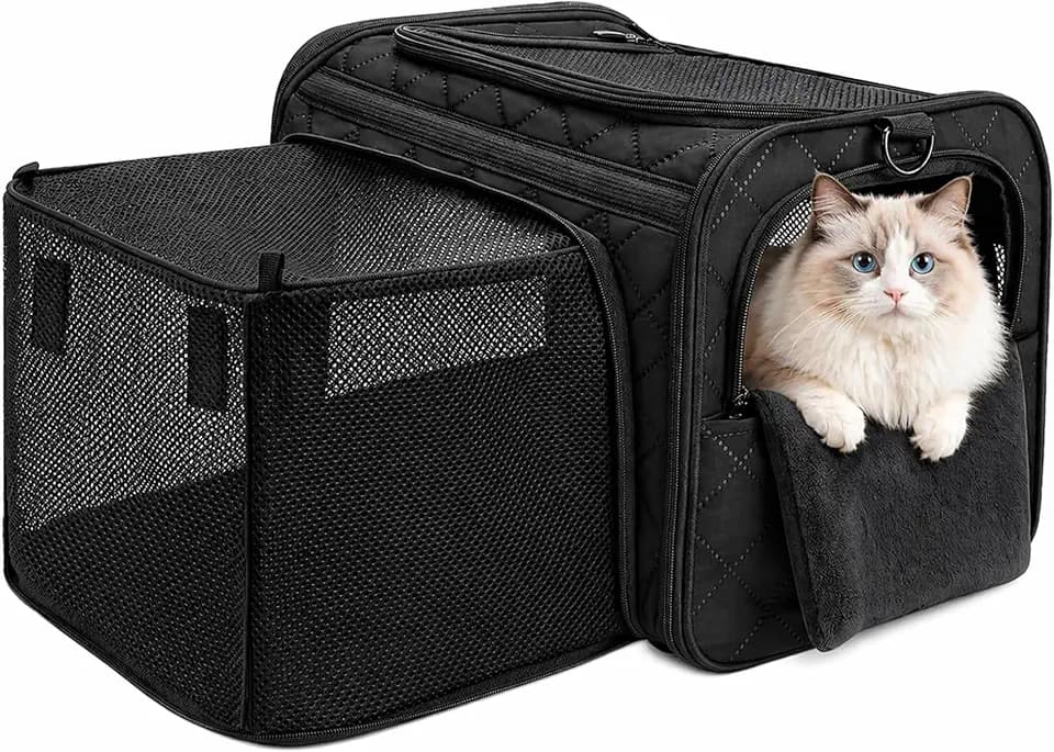 Expandable Airline Approved Cat Carrier with Large Comfort Space Soft Sided Pet Travel Bag Breathable Mesh Safe Structure Foldable Portable Carrier for Small Dogs Cats Vet Trips Flights