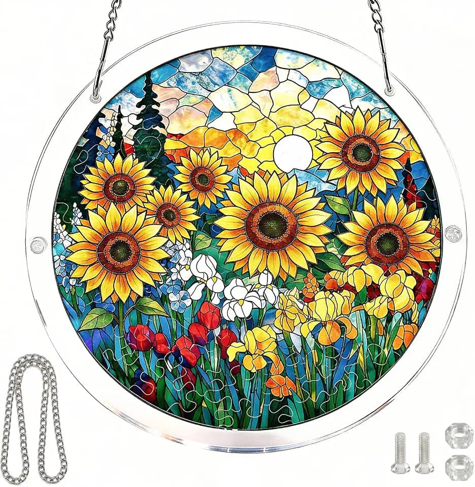 Acrylic Puzzles Sun Catcher Window Hanging, 7.5 Inch Sun Catcher Puzzle Kit for Garden Decoration DIY Acrylic Puzzle Kit Sun Catcher for Women Men Mom Birthday Gift Home Decor (Sunflower)
