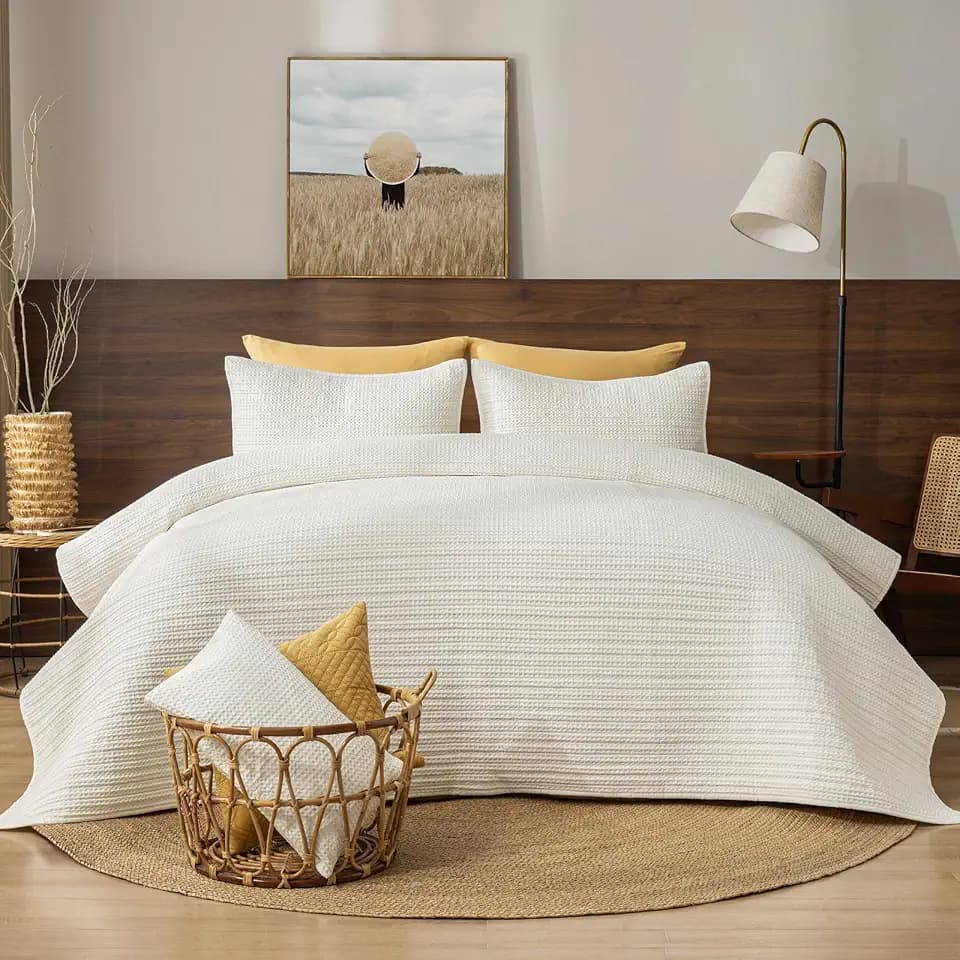 PHF 100% Washed Cotton Waffle Quilt Set King Size(106"x90")-Lightweight with Striped Channel, Cozy Quilted Bedspread Set, Home Decor, 1 Soft Coverlet with 2 Matching Shams, Cream