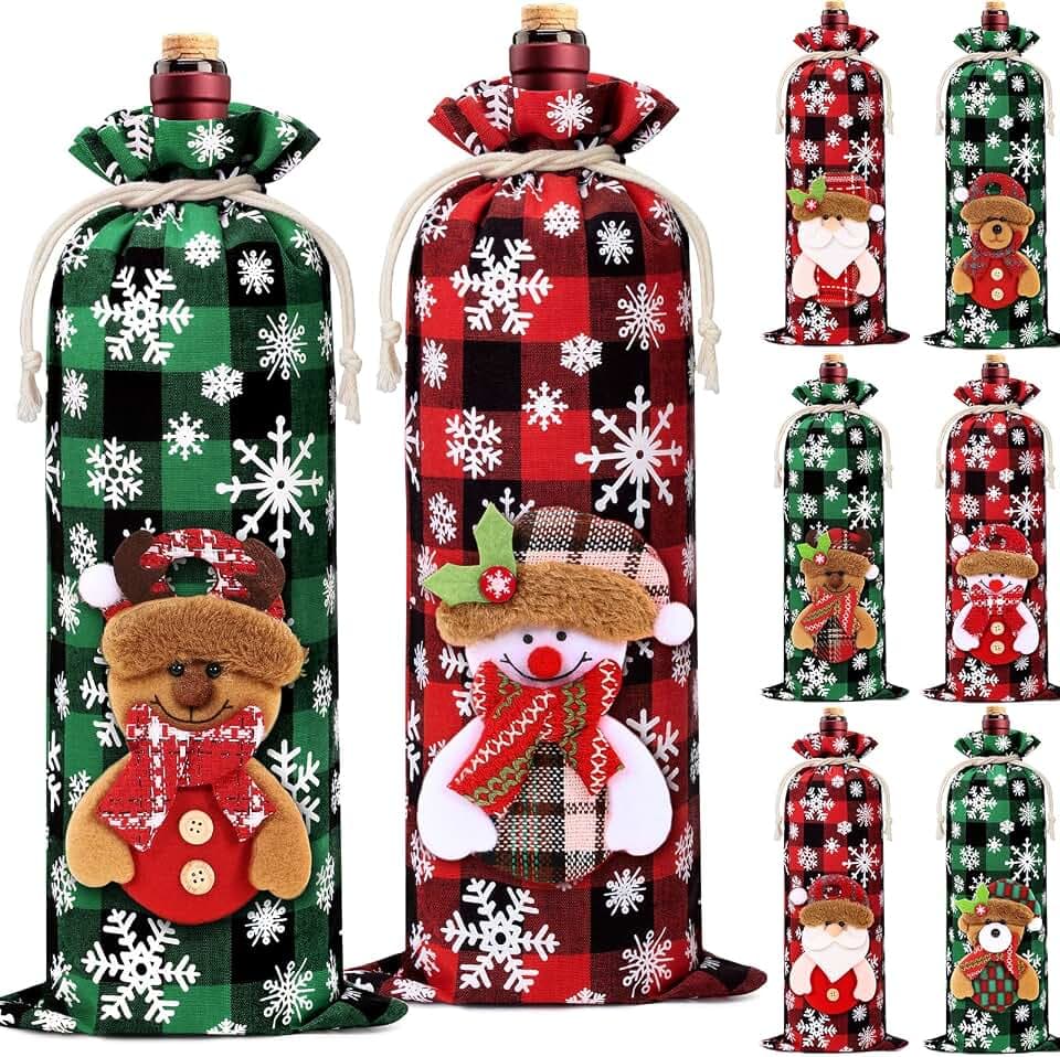 8Pcs Christmas Wine Gift Bags, Buffalo Plaid Drawstring Wine Bottle Covers
