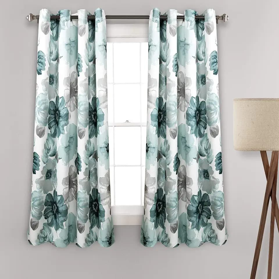 Lush Decor Leah Light Filtering Window Curtain Panels, Pair, 52" W x 45" L, Blue - Floral Drapes for Bedroom - Blue Curtains - Farmhouse Decor
