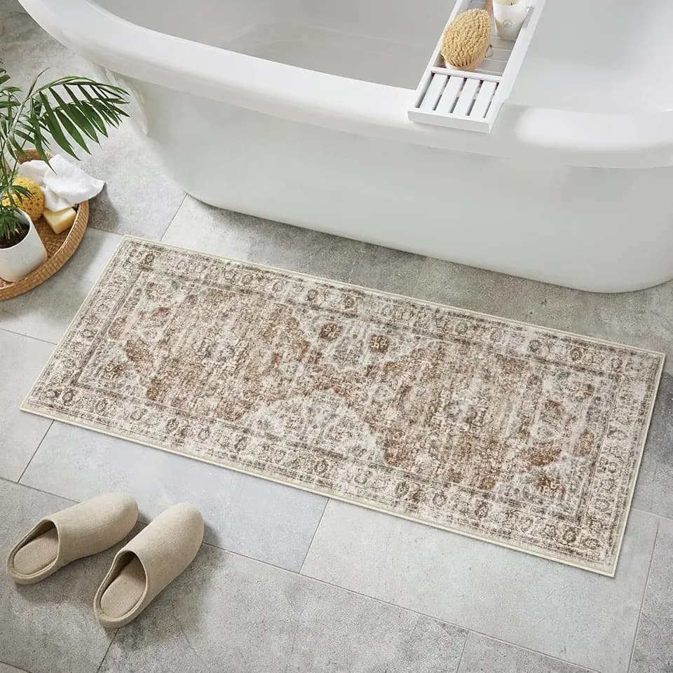 Uphome Bathroom Runner Rug, Distressed Farmhouse Boho Khaki Bath Mat, Non Slip Washable Long Bath Rugs, Vintage Traditonal Soft Velvet Bathroom Runner for Bathtub Sink Shower, 18x47 inch