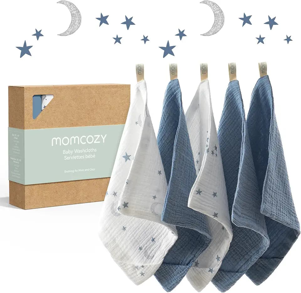 Momcozy 4-Layer Cotton Baby Washcloths, 5 Pack, Soft & Absorbent，Blue