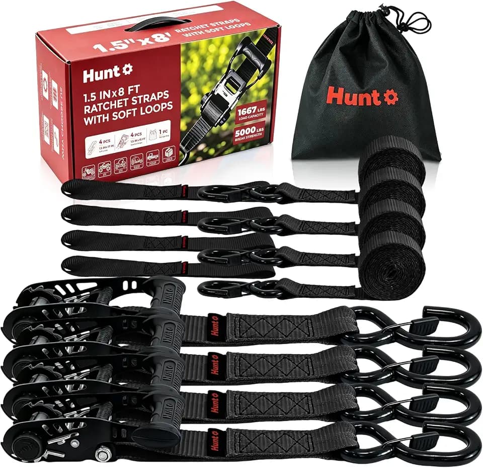 Hunto 1.5" x 8FT Ratchet Tie Down Straps (4-Pack) with S Hooks