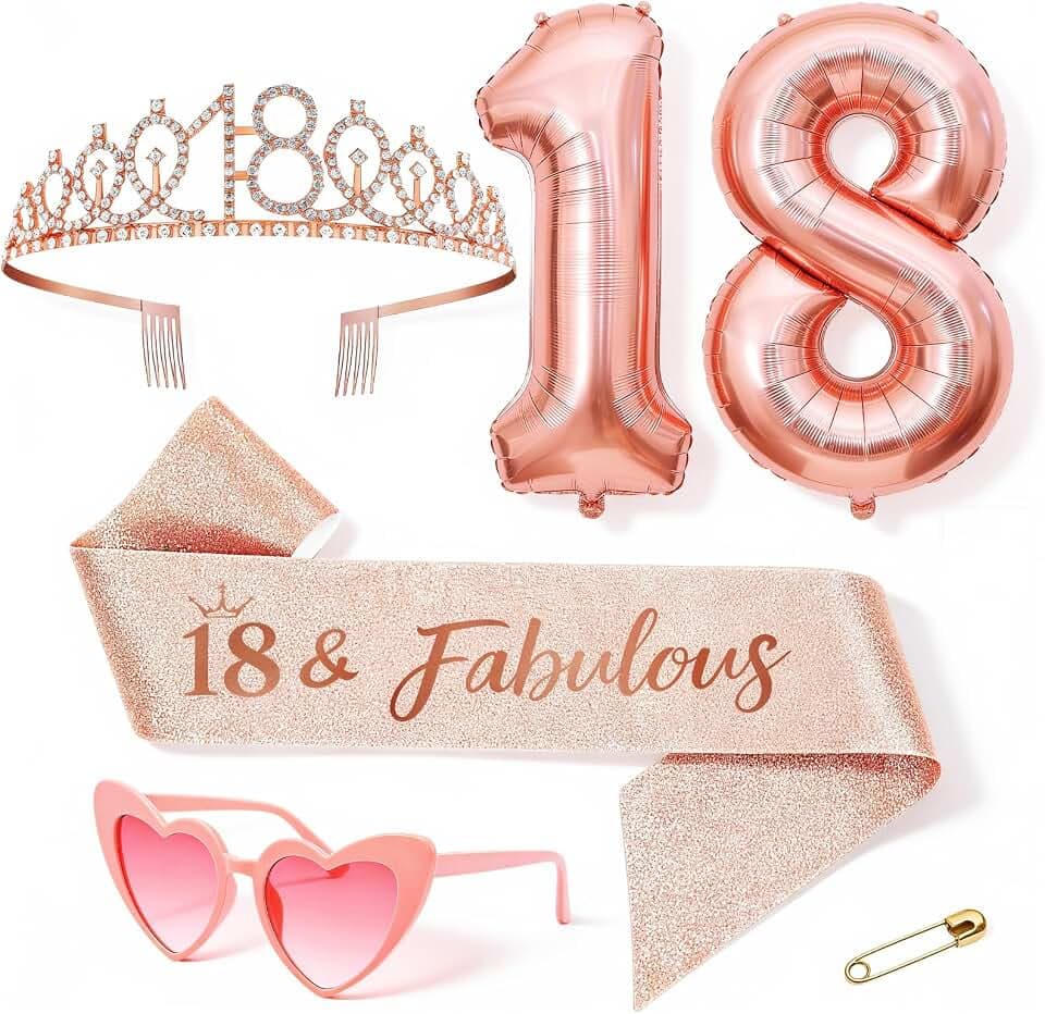 18. Geburtstag Mädchen Deko, Geschenke für Mädchen, 18. Geburtstag Krone und Schärpe, Rosa herzförmige Brille, Luftballons Rosegold, 18 Geburtstagsparty Deko Supplies