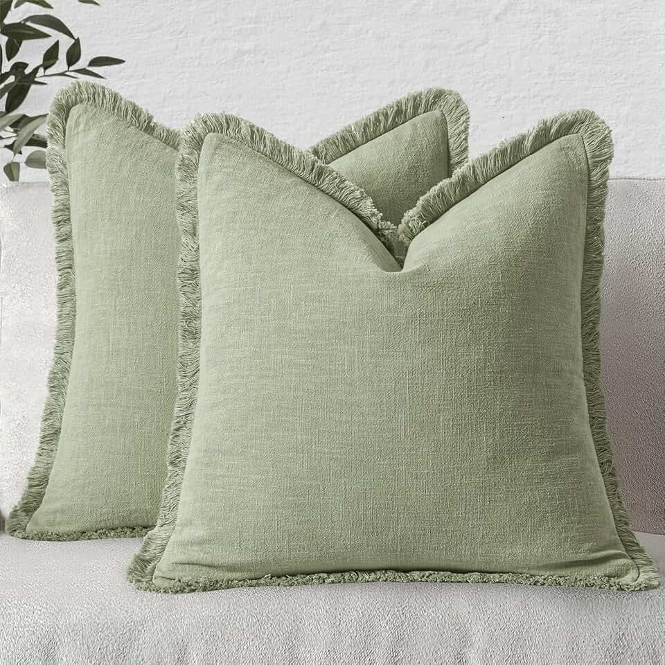 MIULEE Boho Linen Fringe Decorative Throw Pillow Covers Sage Green 20x20