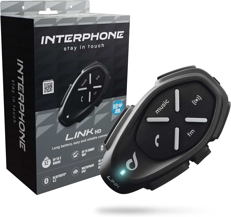 Interphone LINK HD Einzel-Headset – Bluetooth Headset für Motorrad – Motorrad Sprechanlage für 2 Personen bis zu 300 m Reichweite – Bluetooth Freisprecheinrichtung für Motorradhelm für GPS und Anrufe