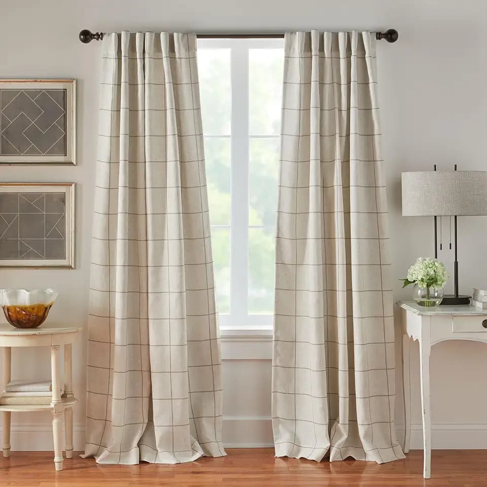 Brighton Windowpane Plaid Blackout Window Curtain Panel, Linen - 52" W x 108" L