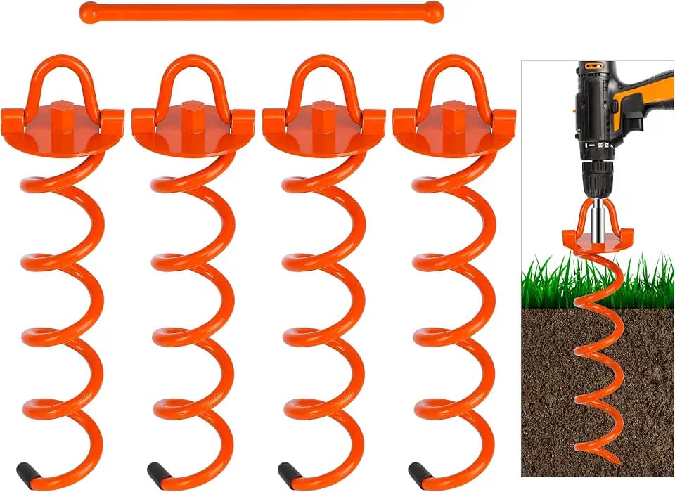 FEED GARDEN 12 Inch Spiral Ground Anchors Heavy Duty Screw in Spiral Stakes, 4 Pack Folding Ring Ground Stakes for Securing Dogs,Tents, Trampolines, Canopies, Swing Sets,Orange