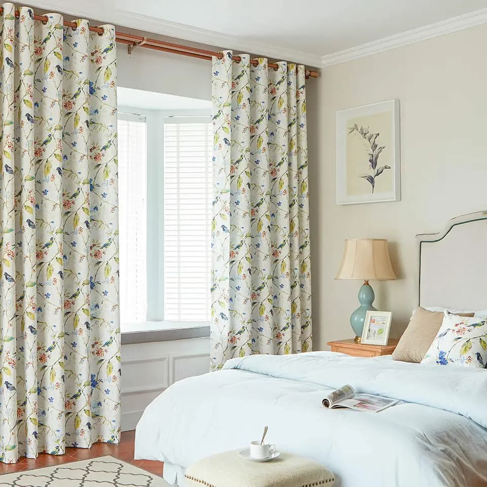 VOGOL Bird Floral Print Faux Linen Curtains, 52 x 63, 1 Panel, Blue