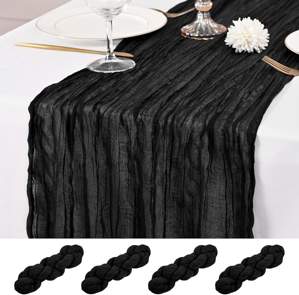 4 Stück Schwarz Tischläufer, 55 x 300 cm Schwarz Seihtuch Tischläufer, rustikale Gaze romantischer Langer Stoff, 3M Langer Tischläufer für Hochzeit, Party, Brautparty, Babyparty