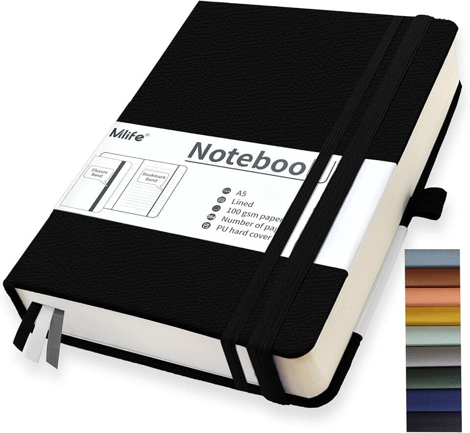 Mlife A5 liniert Journal Notizbuch,360 Seiten Und 100g/M² Tintenfestes Papier,Hardcover Collegeblock Notizblock,Notizbücher Mit Falttasche Für Büro Schule Zuhause Schreiben&Notizen(Schwarz)