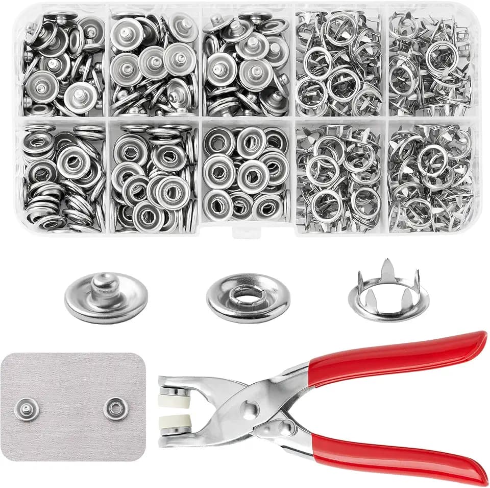 DEVPSISR 100 Sets Metal Snaps Buttons with Fastener Pliers Press Tool Kit Perfect for DIY Crafts Clothing Sewing, 9.5mm Snap Button Fasteners Kit（Silver Hollow）