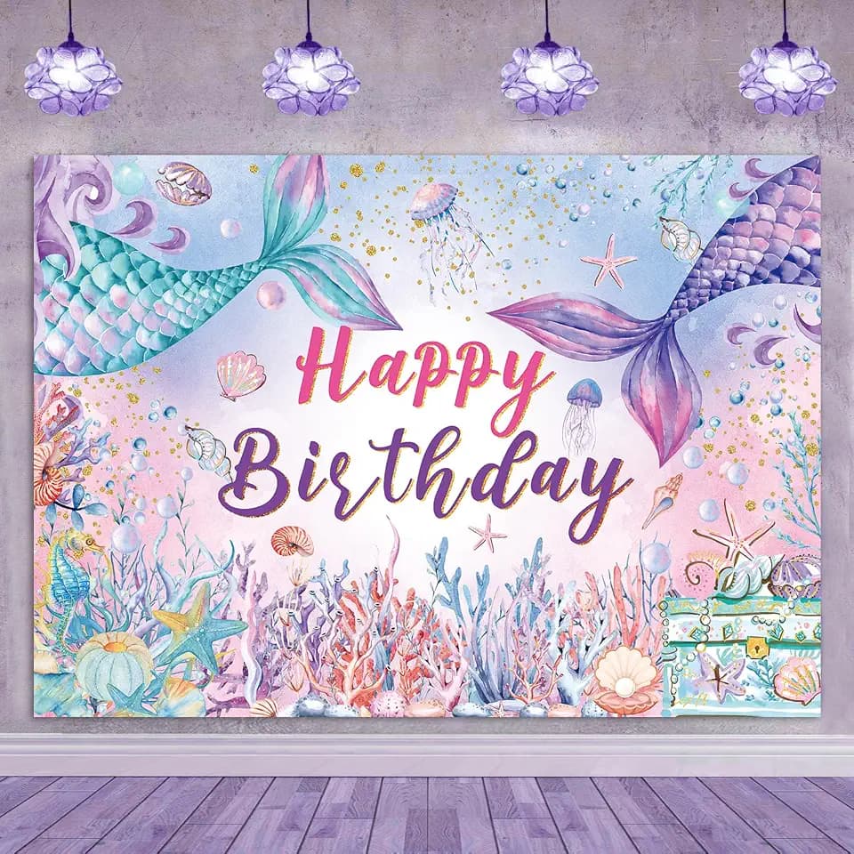 5x3ft Mermaid Happy Birthday Backdrop Fish Tail Coral Decoration Banner