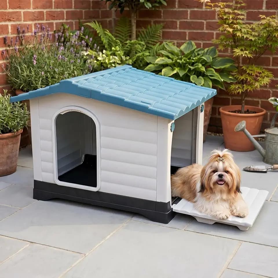 Garvee Outdoor Indoor Dog House for Small Dogs, 2-Door Plastic Dog House with Elevated Floor and Air Vents, Weatherproof Pet House, Puppy House for Yard Patio, Easy Assembly, Blue
