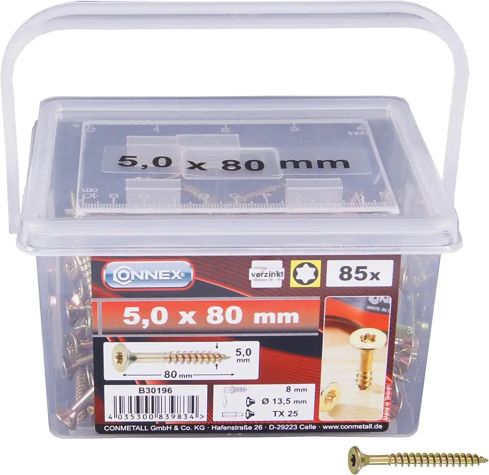 Connex Universalschrauben 5,0 x 80 mm - 140 Stück im Set - Senkkopf - TX-Antrieb - Teilgewinde - Gelb verzinkt / Schrauben-Set / Schrauben-Eimer / B30196
