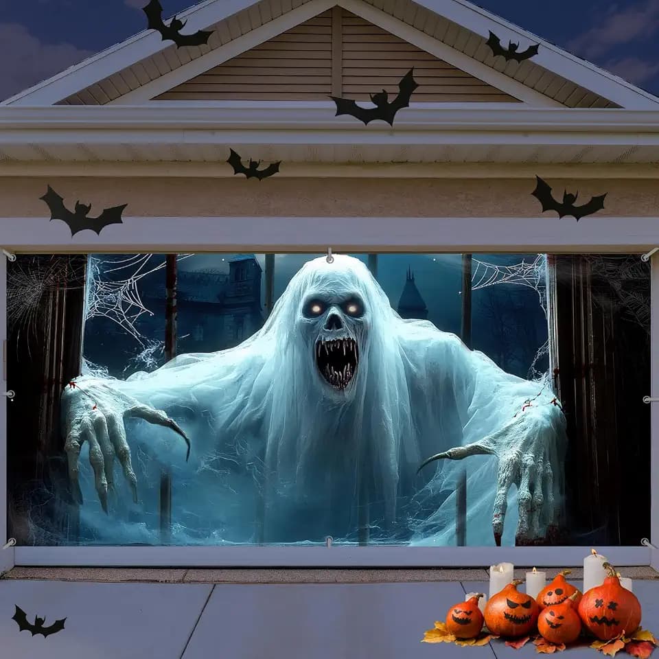 MEHOFOND Halloween Scary Garage Door Decoration 6 x 13 ft, Spooky Haunted House Halloween Hanging Door Cover Backdrop Banner, White Cloth Ghost for Outdoor Home Yard Horror Theme Party Decor