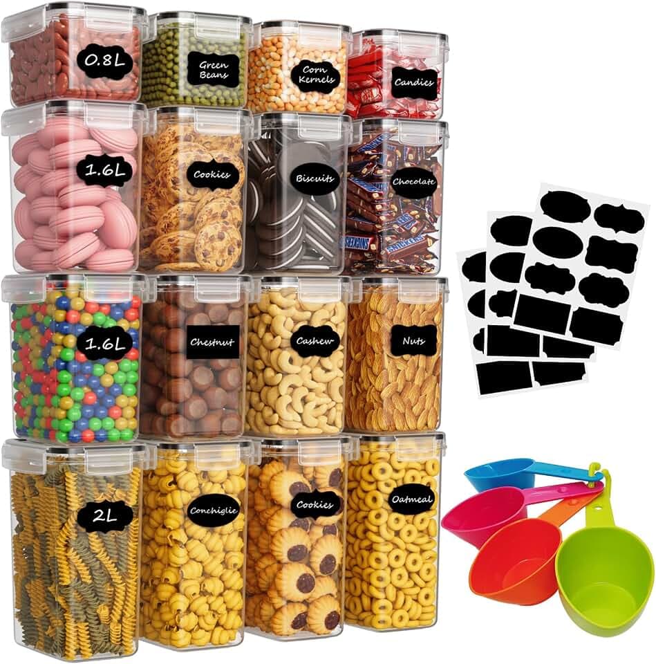 Withosent Vorratsdosen Luftdicht 16er Set, Aufbewahrungsbox Küche mit Deckel aus Plastik, Vorratsbehälter Vorratsdose Organizer für Mehl Müsli Cornflakes(2L 1.6L 0.8L)