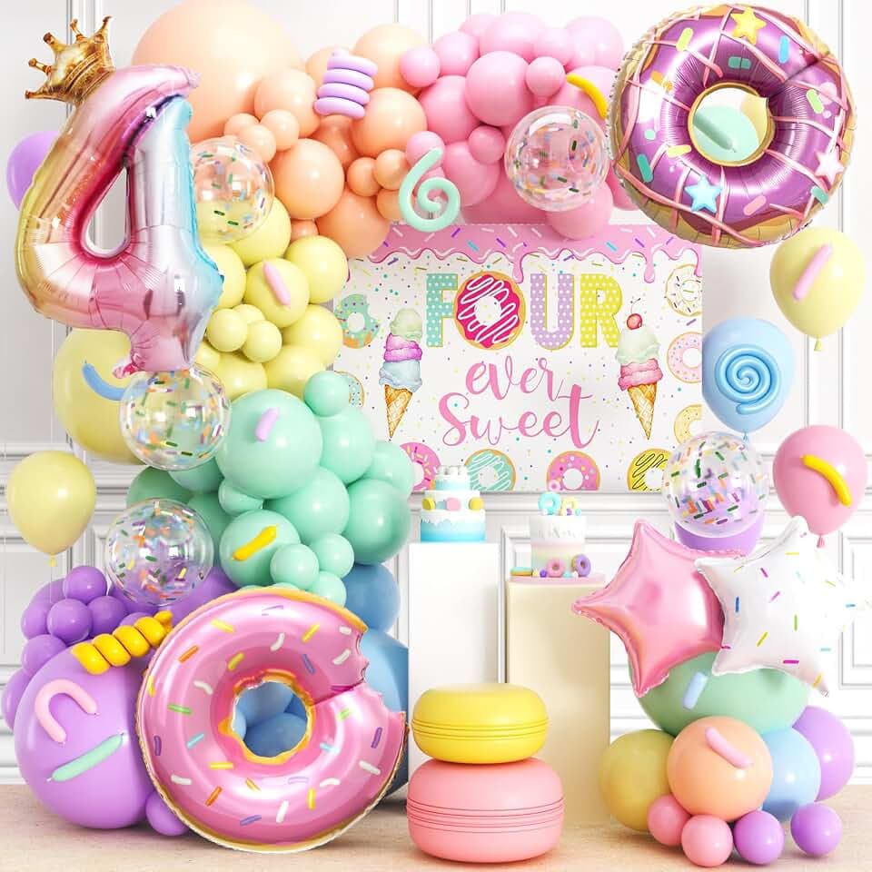 178pcs Four Ever Sweet Birthday Decorations Girl Donut 4th Birthday Decorations, 28" Donut Balloons Backdrop Pastel Rainbow Balloon Arch Kit, Kids Ice Cream Candy Rainbow Theme Party Decor Supplies