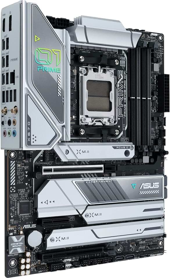 ASUS Prime X670E-PRO WiFi Socket AM5 (LGA 1718) Ryzen 7000 ATX Motherboard (PCIe 5.0, DDR5, 4X M.2 Steckplätze, USB 3.2 Gen 2x2 Type-C, USB4 Unterstützung, 6E, und 2, 5 g. Ethernet), Silber