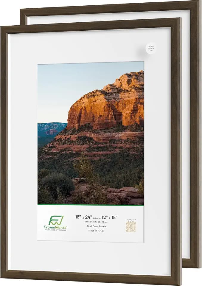 FrameWorks 2-Pack 1 3/8" Thick Dark Oak Wooden Shadow Box Picture Frames 18" x 24" with Removable White Mat to 12"x18" Photo