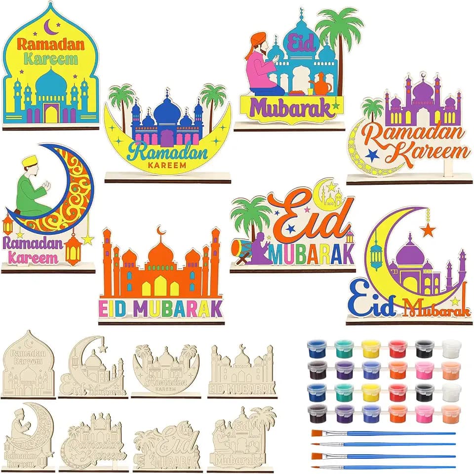DoubleFill 16 Pcs Wooden Islamic Crafts, DIY Mubarak Tabletop Signs with Paint Strips and Brushes, Paint Your Own Muslim School Classroom Art Activity Kit for Mosque Party Home Decor, Back to School
