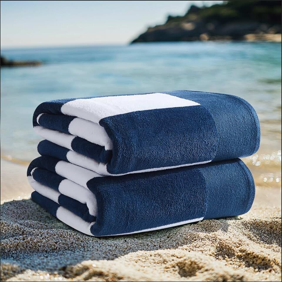Cabana Stripe Navy Blue 2 Pack Beach Towel, Striped Jacquard Themed, for Men and Women, Oeko-TEX Certified Confidence